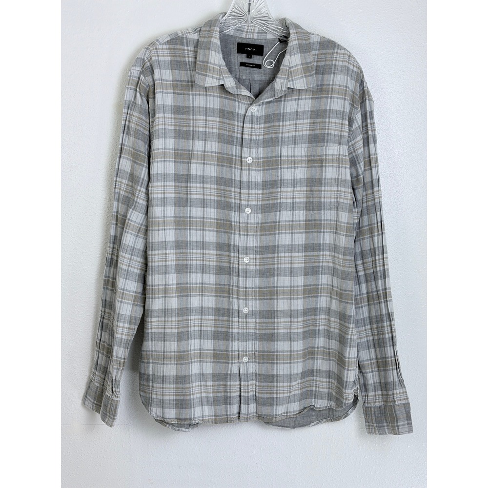 Vince Classic Fit Mens Plaid Button Down Shirt Gray Tan Double Layer Cotton L